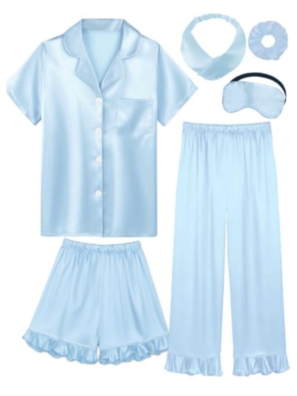 Kids Silk Satin Ruffle Pajama Set 3-Piece Short Sleeve
